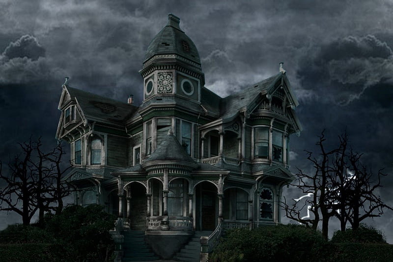 STORMY HAUNTED HOUSE, house, lightning, haunted, trees, clouds, sky, stormy, HD wallpaper