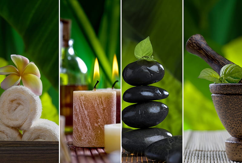 ~ Aromatic & Fresh ~, atmosphere, candle, stones, green, fresh, spa, HD wallpaper
