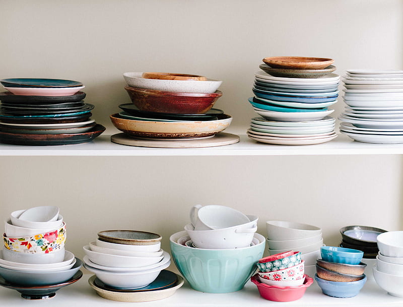 assorted-color ceramic bowls and saucers lot on white wooden shelves, HD wallpaper