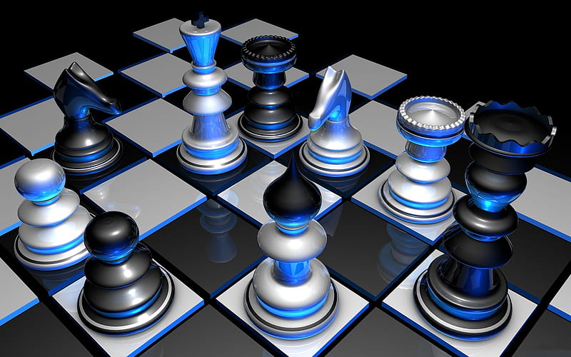 3d chess, neon light, 3d chessboard, blue light, 3d shapes, HD wallpaper