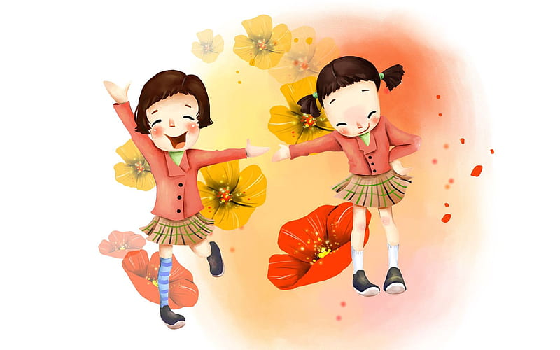 drawing, girl, joy, laughter, flowers, skirts, HD wallpaper