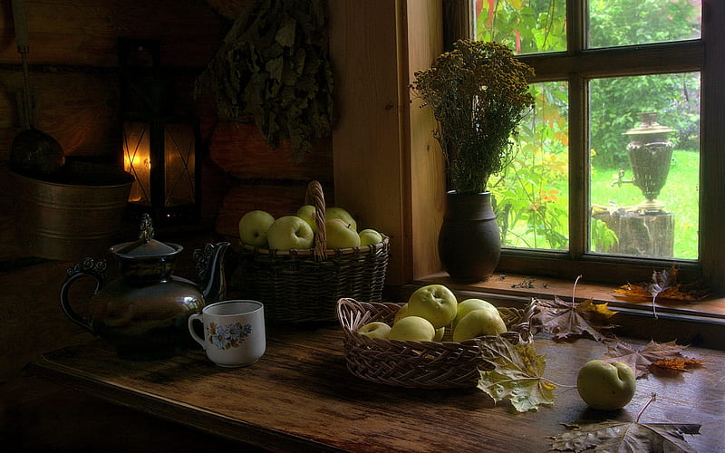 Village House, Table, Apples, Lantern, Window, HD wallpaper | Peakpx