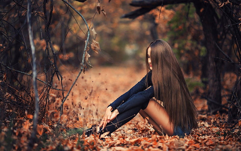 Woman Real Long Hair, Long, Hair, Brunette, Treess, Leaves, Woman, Autumn, Sitting, HD wallpaper