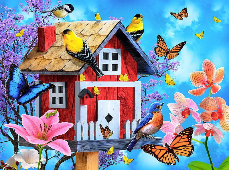 Red birdhouse, colorful, art, red, birds, bonito, fun, butterflies, joy, paradise, gathering, birdhouse, flowers, garden, friends, HD wallpaper