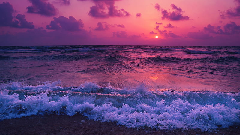 Pink Ocean Sunset, sand, ocean, sunset, waves, clouds, sky, sea, colorful, beauty, nature, HD wallpaper