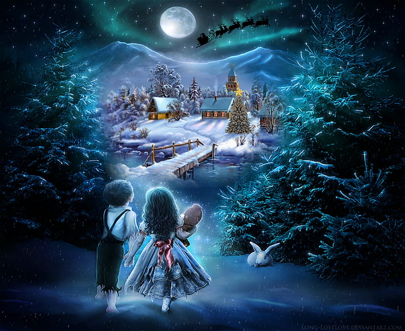 Stargazers, Christmas, santa, moon, tree, snow, village, star, winter, HD wallpaper