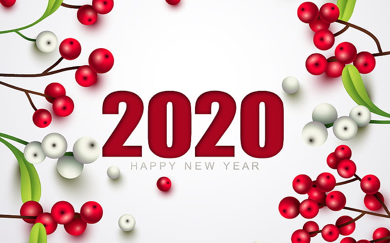Happy New Year 2020 red berries, 2020 concepts, white background, Christmas, New Year 2020, Christmas background with berries, Happy New Year, HD wallpaper