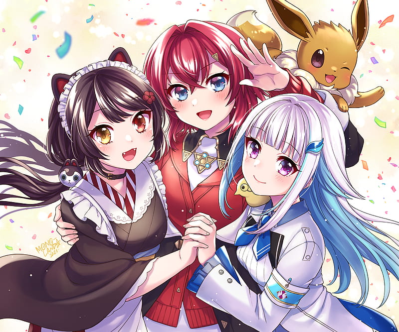 Anime, Crossover, Pokémon , Ange Katrina , Eevee (Pokémon) , Inui Toko , Lize Helesta , Nijisanji, HD wallpaper
