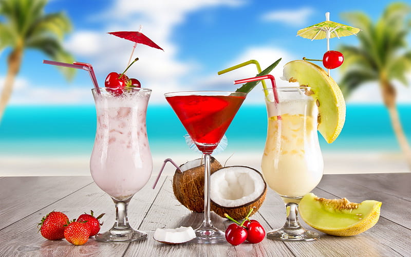 Summer Cocktails, pretty, fruits, cherries, palm, cocktails, clouds, sweet, beauty, lovely, romance, holiday, ocean, coconut, sky, palms, glass, paradise, cherry, colorful, summer time, strawberry, glasses, bonito, sea, graphy, strawberries, cocktail, exotic, romantic, colors, summer, melon, nature, tropical, HD wallpaper