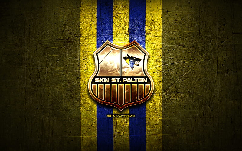 St Polten FC, golden logo, Austrian Bundesliga, yellow metal background, football, SKN St Polten, austrian football club, St Polten logo, soccer, Austria, HD wallpaper