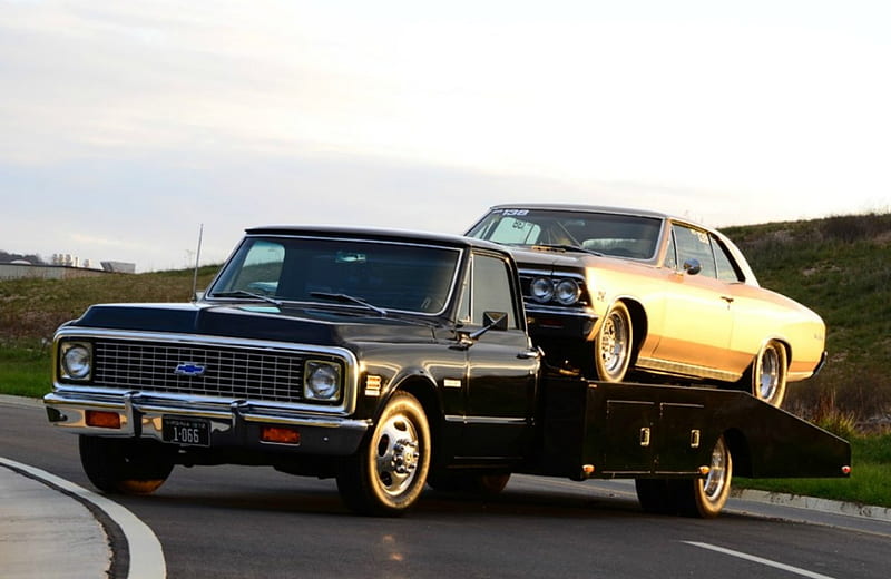 ’72 Chevy Truck & Chevelle, Classic, Bowties, Gm, Ramp Truck, HD wallpaper