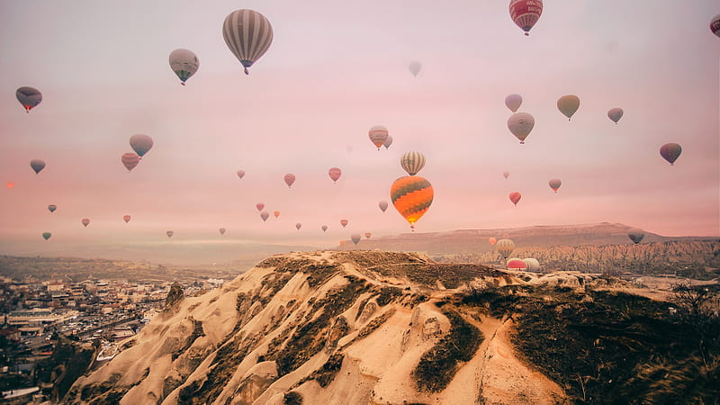 Hot Air Balloons During Daytime Flying Above Mountains Beautiful, HD wallpaper