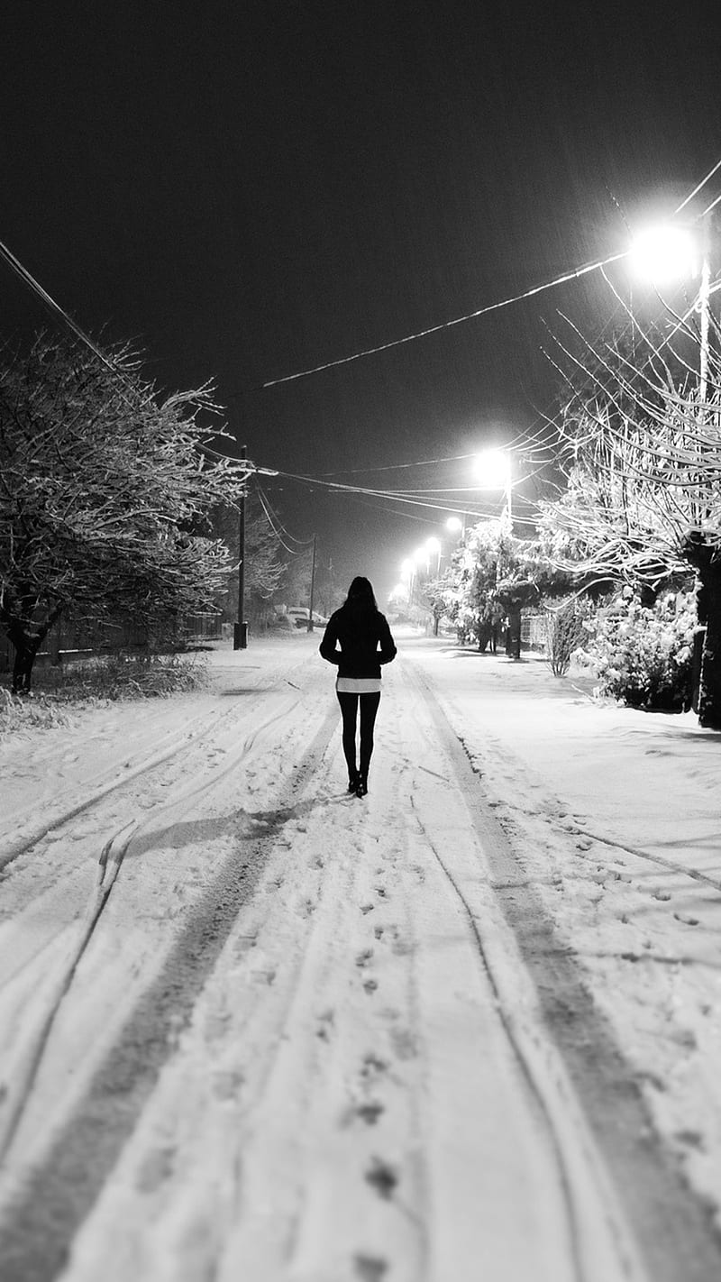 Walking Away, girl, mood, night, path, people, road, snow, trees, winter, HD phone wallpaper