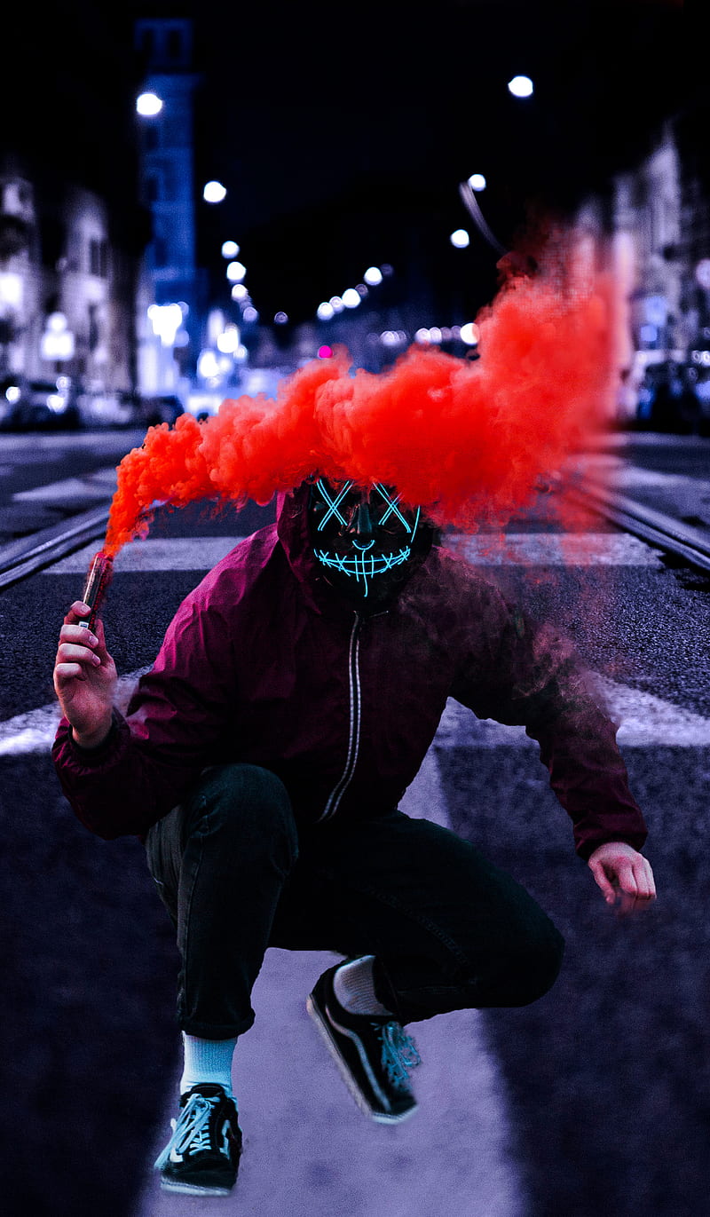 Red Smoke Torches, HI, background, man, mask, neon mask, red smoke, torch, x-eye, HD phone wallpaper