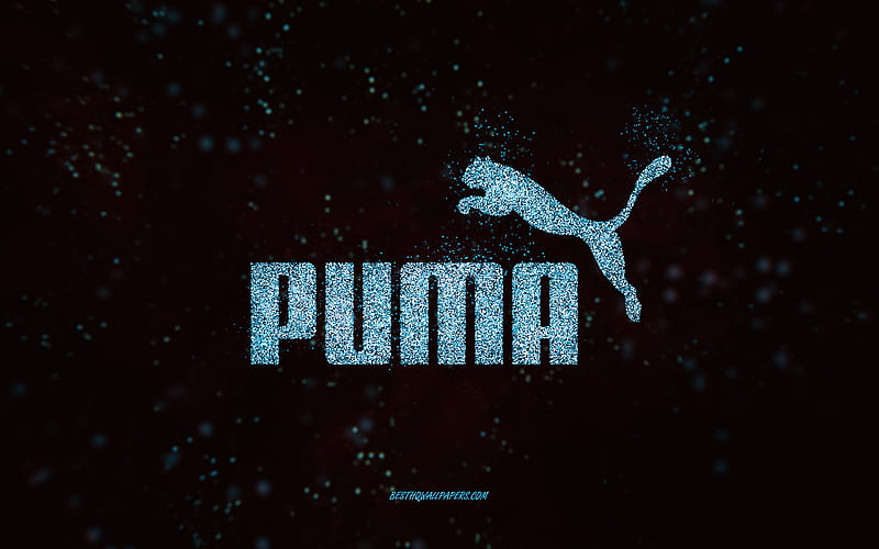 Puma glitter logo, , black background, Puma logo, blue glitter art, Puma, creative art, Puma blue glitter logo, HD wallpaper