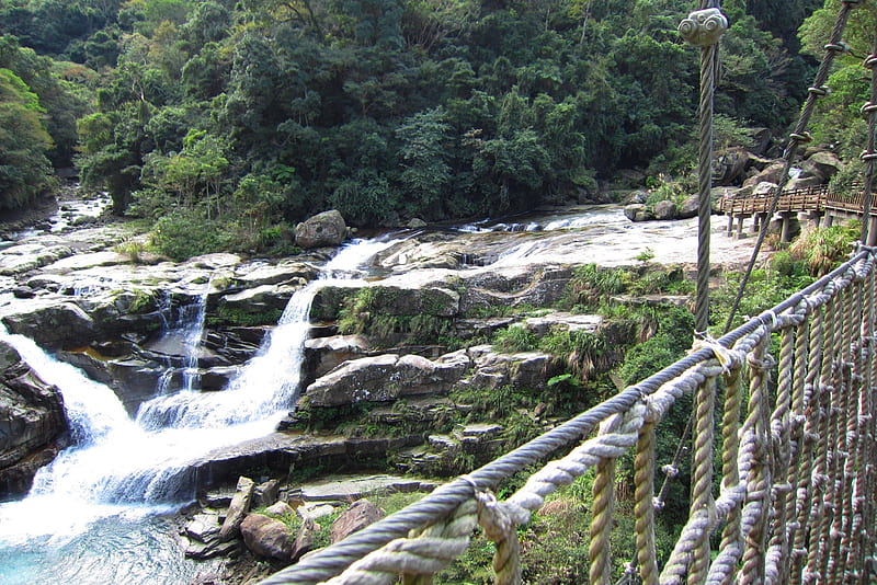 Nature scenery, mountain, suspension bridge, ropes, waterfalls, HD wallpaper