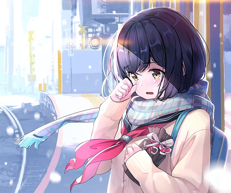 crying, anime girl, tears, scarf, broken heart, valentine's day 2019, short hair, Anime, HD wallpaper