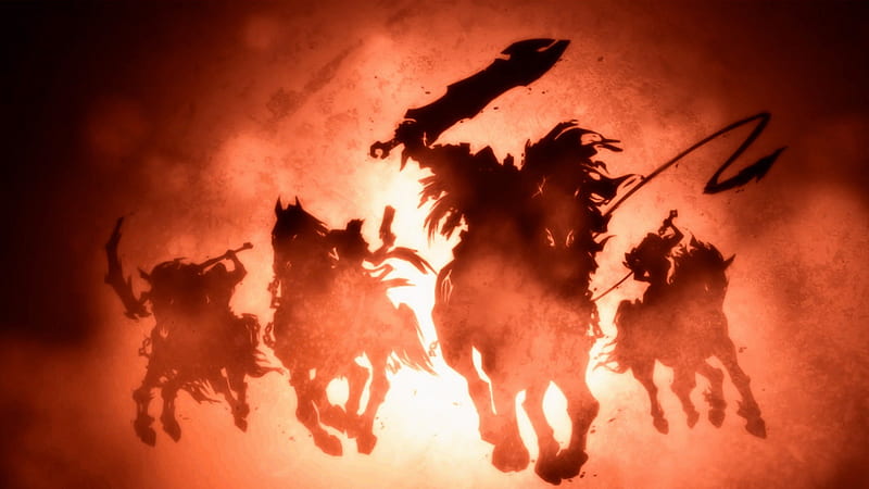 Darksiders II, games, darksiders, video games, horse, silhouette, cavalry, weapons, darksiders 2, gun, horsemen, scythe, orange background, sword, HD wallpaper