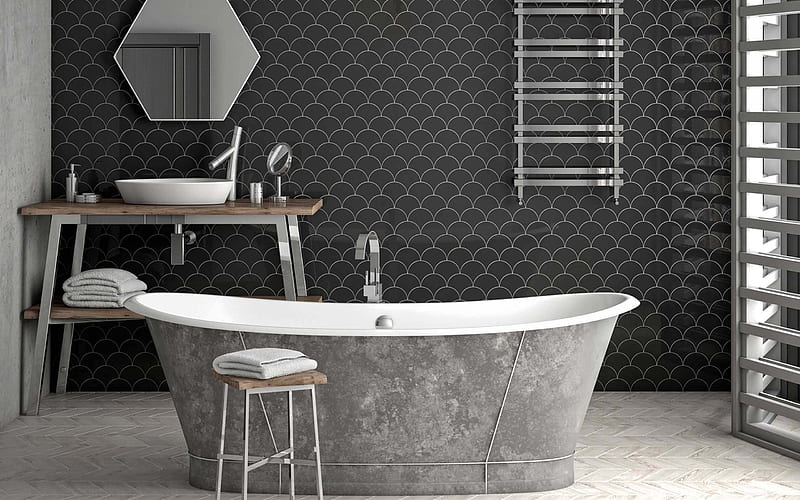 stylish bathroom interior design, gray bathroom, gray concrete bath, bathroom, modern interior design, HD wallpaper