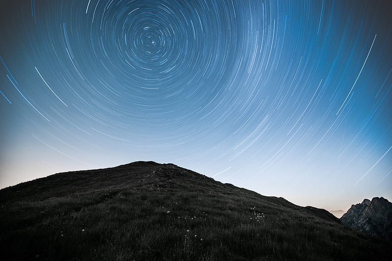 hill, mountains, starry sky, long exposure, stars, motion, HD wallpaper
