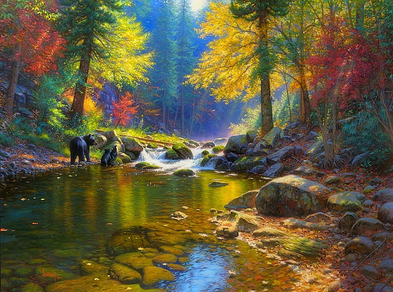 ★Seasons of Life★, family, autumn, lovely, love four seasons, bonito, creative pre-made, trees, leaves, paintings, bright, nature, fall seasons, bears, forests, streams, animals, HD wallpaper
