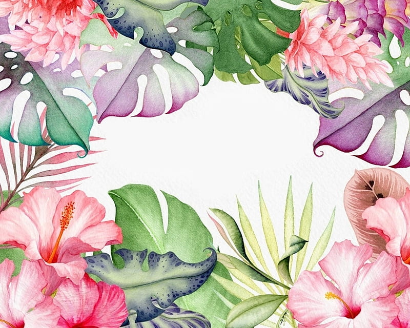 Flowers, pattern, exotic, green, texture, flower, paper, pink, watercolor, HD wallpaper