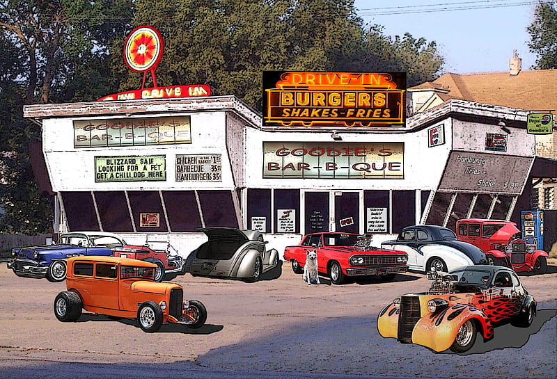 Cruisin' Goodies Burger Joint #1, nostalgia, ford, chevy, hot rods, dog, burger joint, HD wallpaper