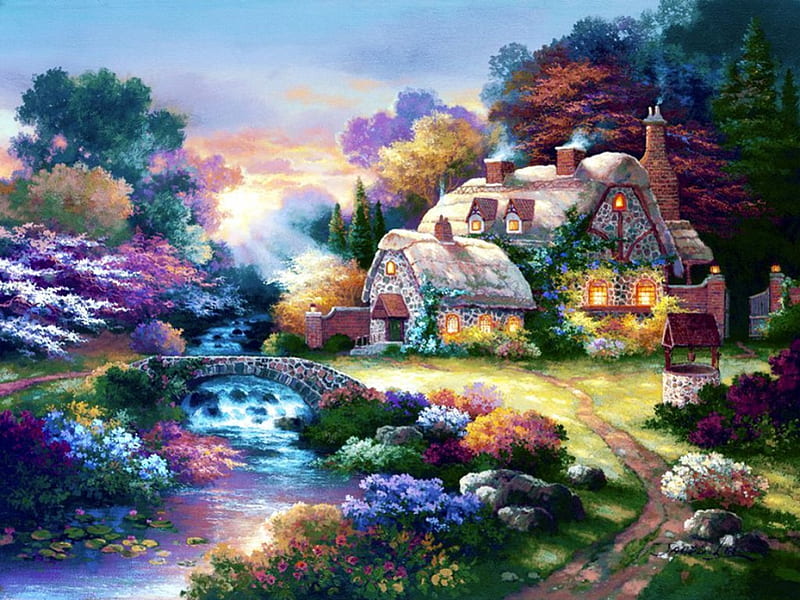 Garden Wishing Well, cottage, painting, flowers, path, river, trees ...