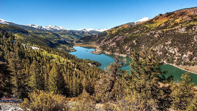 Lake San Cristobal, Rocky Mountains, Colorado, hills, water, rocks, usa, trees, landscape, HD wallpaper