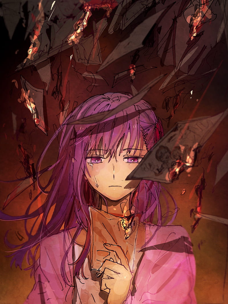 Fate Series, Fate/Stay Night, fate/stay night: heaven's feel, anime girls, long hair, purple hair, violet eyes, violet hair, Matou Sakura, fan art, digital art, frontal view, crying, red ribbon, 2D, graphy, looking away, HD phone wallpaper