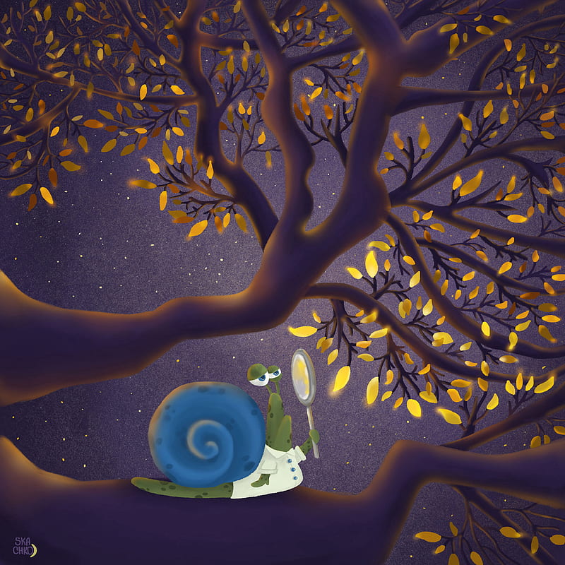 snail, branch, magnifier, leaves, art, funny, HD phone wallpaper