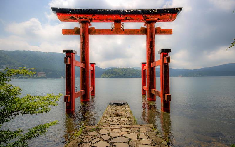 Hakone Shrine, gate, lake, japanese landmarks, Hakone, japan, Asia, HD wallpaper