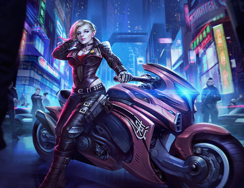 Beautiful Female Cyberpunk Girl on Futuristic Motorbike Octane