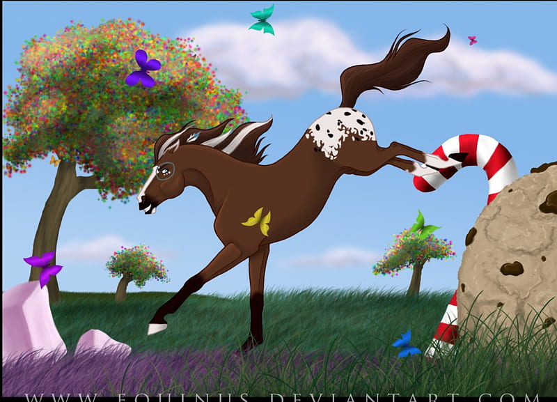 *Apache In Candy Land*, pretty, lovely, grass, candy land, butterflies, digital art, trees, horse, sky, clouds, cute, paintings, plants, drawings, animals, HD wallpaper