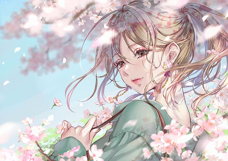 Anime, Blonde, Earrings, Cherry Blossom, Original, Brown Eyes, Long ...