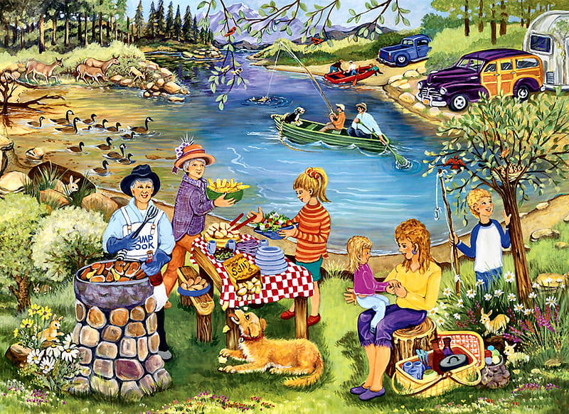 Barbeque at the Lake F, autos, camping, ducks, bonito, artwork, deer, canine, animal, painting, wide screen, trailer, art, rabbit, pets, lake, water, wildlife, dogs, HD wallpaper