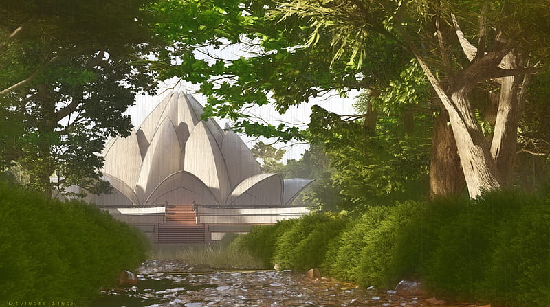 The Lotus Temple Ultra, Artistic, 3D, Nature, Trees, desenho, Artwork, Drawings, india, lotus, delhi, HD wallpaper