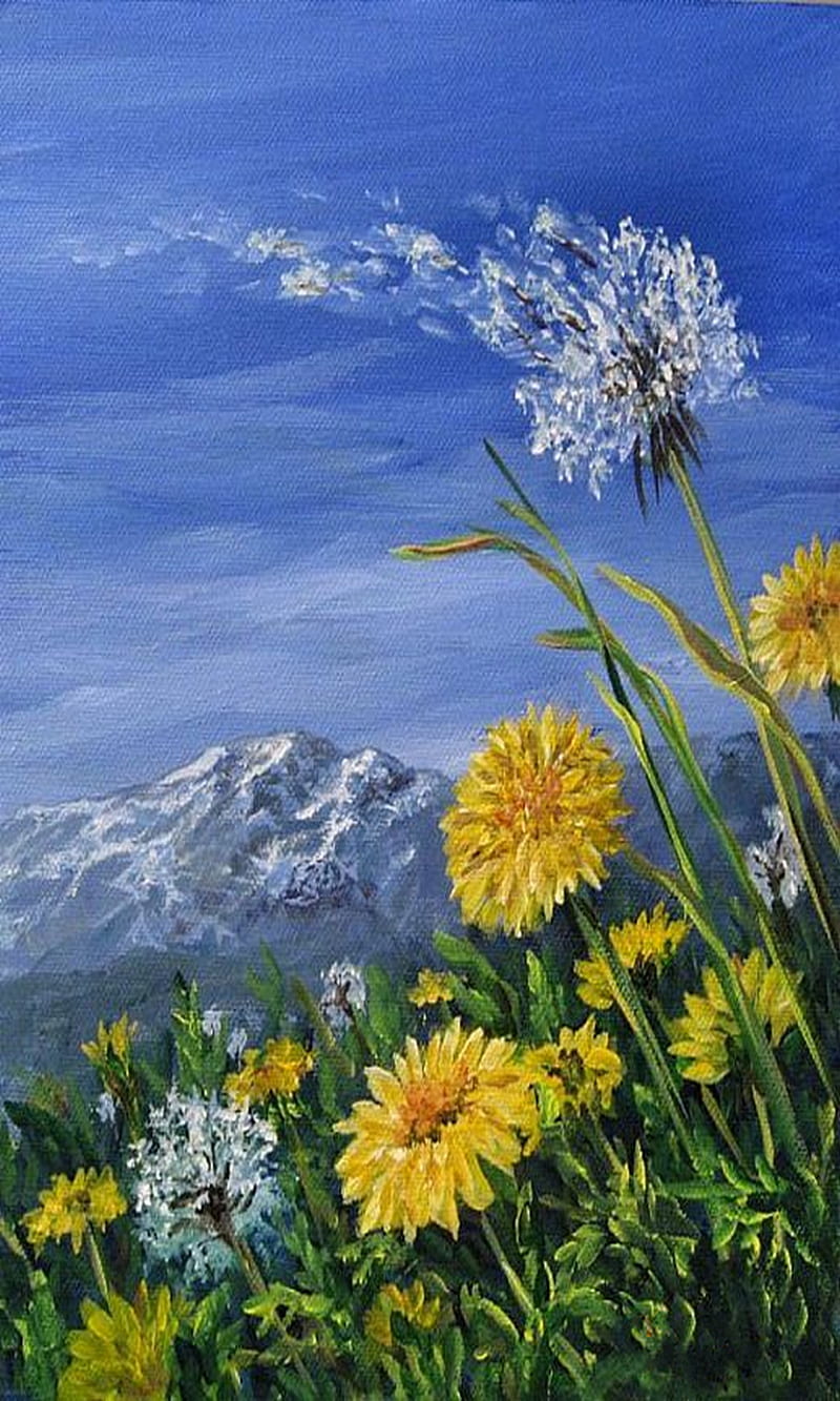 Dandelion Fluff, art, blue, draw, flowers, mountain, paint, painting, sky, HD phone wallpaper