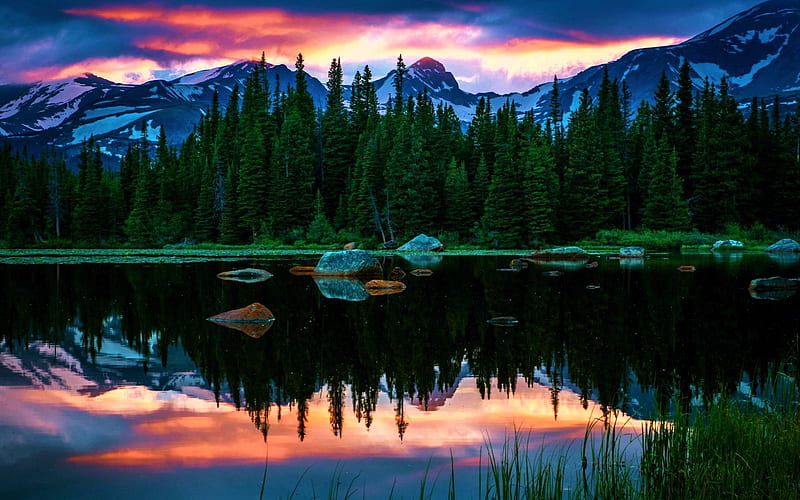 Colorado, Red Rock Lakes, sky, mountains, water, colors, sunset, reflections, trees, HD wallpaper