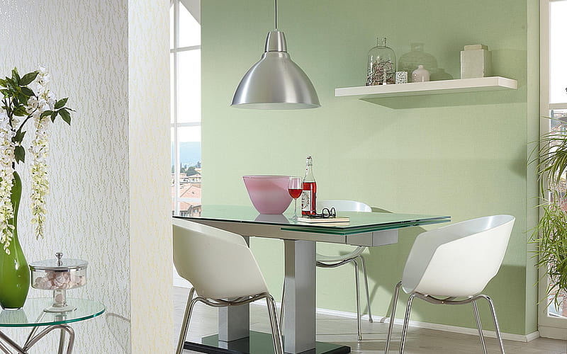 stylish green kitchen, modern interior design, glass table in the kitchen, stylish interior design, HD wallpaper