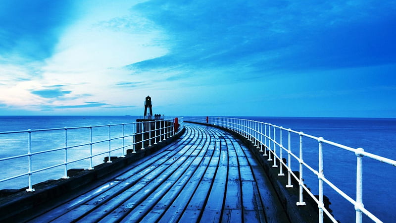 Beacon at end of a pier, beacon, pier, sky, sea, blue, HD wallpaper ...