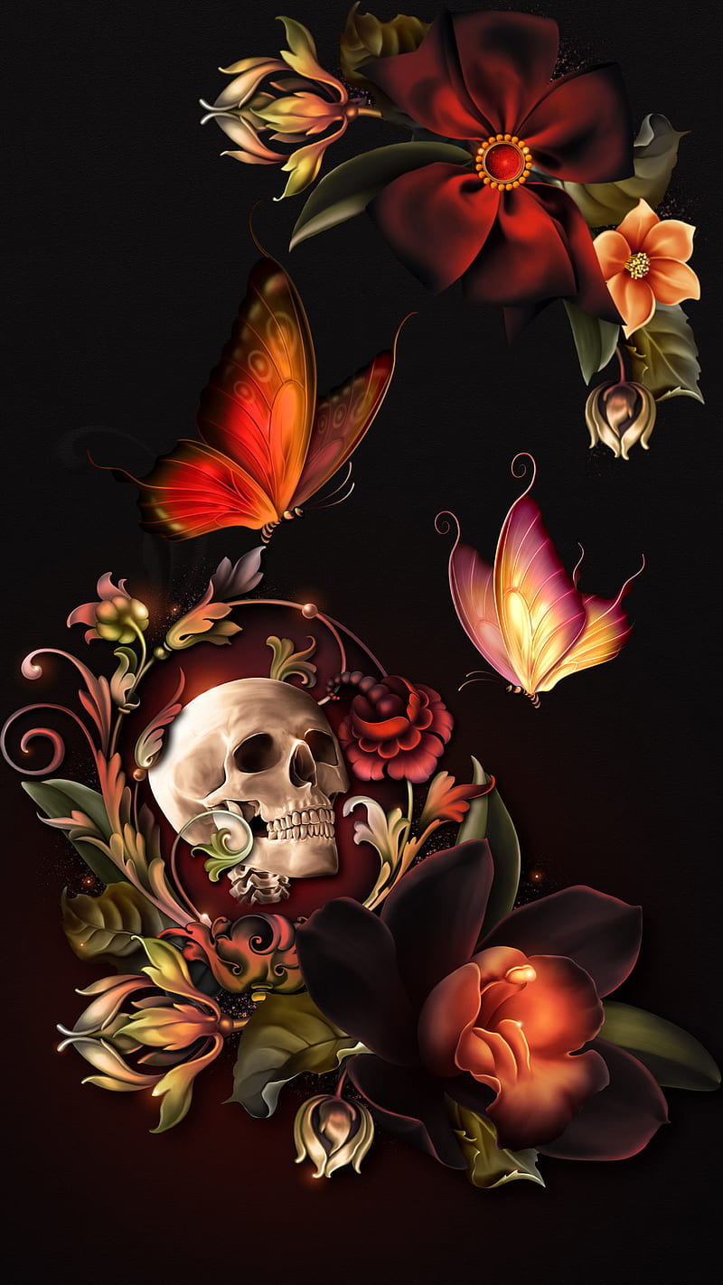 Floral Skull, super, dragon, final, fantasy, flowers, butterflies, HD phone wallpaper