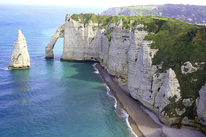The White Cliffs and Arches of Etretat, scenic, cliffs, France, beauty, nature, Normady, chalk, lime, HD wallpaper