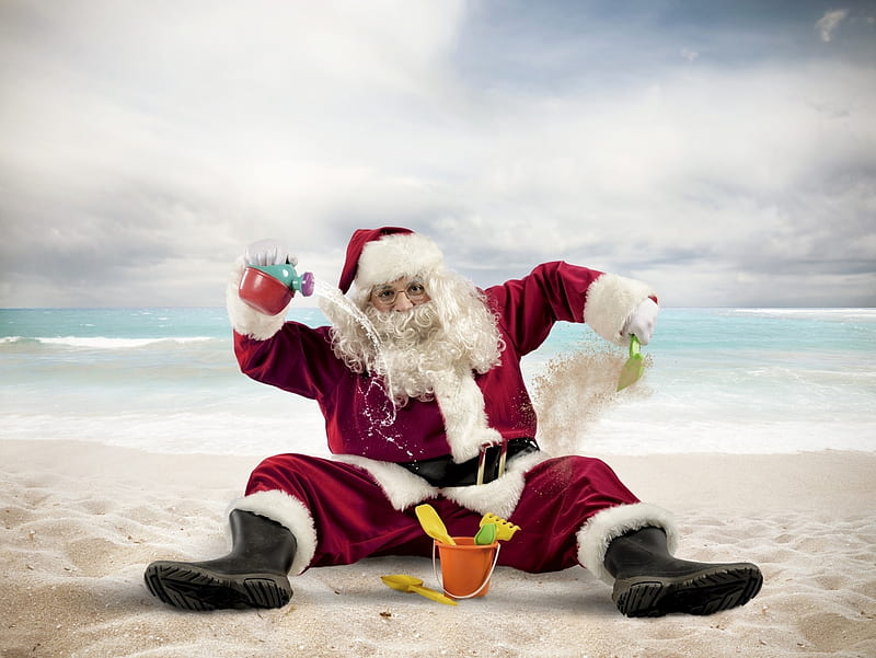 Santa Claus on the beach, beach, santa, sand, craciun, christmas, summer, man, funny, HD wallpaper