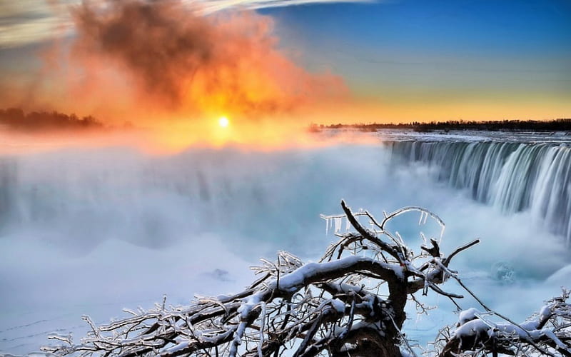 Niagara Falls, dawn, sun, snow, nature, morning, winter, waterfalls, HD wallpaper