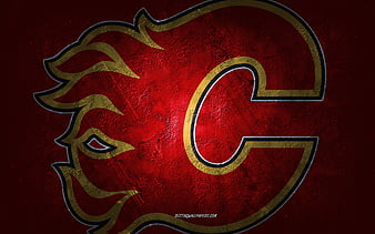 Calgary Flames, Canadian hockey team, red stone background, Calgary Flames  logo, HD wallpaper
