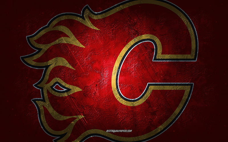 Calgary Flames, Canadian hockey team, red stone background, Calgary Flames logo, grunge art, NHL, hockey, Canada, Calgary Flames emblem, HD wallpaper