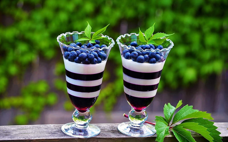 Dessert, blueberry, jelly, sweet, iaurt, stripes, food, leaf, fruit, green, berry, HD wallpaper