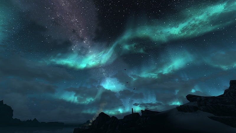 Skyrim - Beautiful Sky, forest, mountains, aurora, nature, bonito, skyrim, sky, HD wallpaper