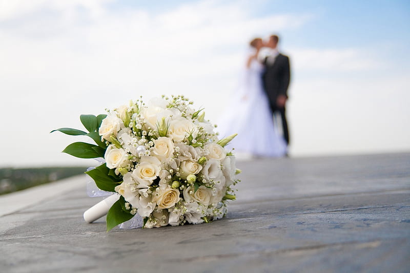 Wedding day, mcouple, bouquet, rose, love, flower, marriage, white, wedding, HD wallpaper
